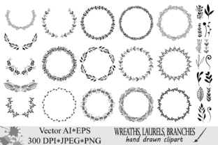 Hand Drawn Black Design Elements: Wreaths, Laurels & Digital Leaves